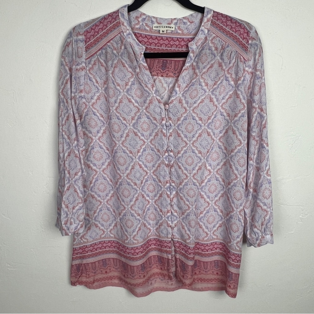 Artisan NY boho button pink tunic blouse medium